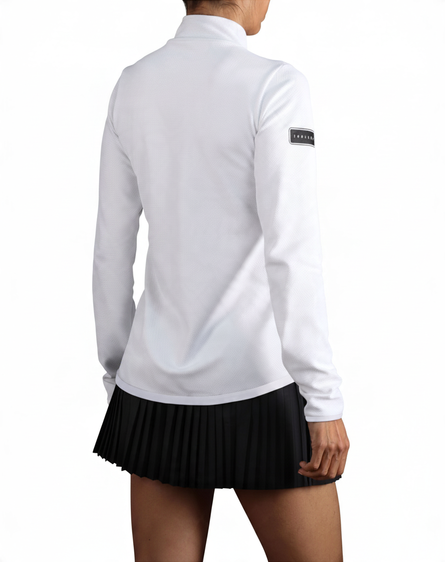 Chaqueta deportiva blanca Endless para mujer con cuello alto, manga larga y logo en relieve, vista trasera.