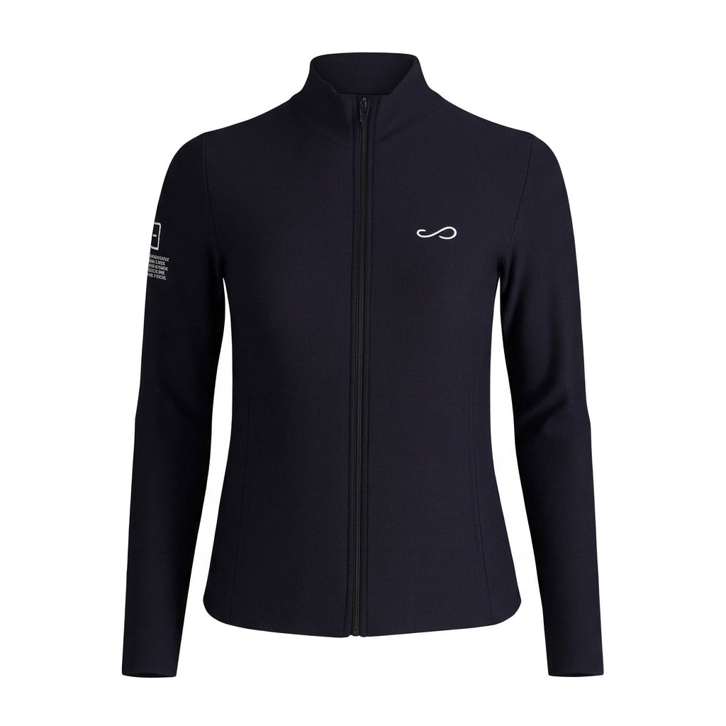 Chaqueta deportiva Endless negra de cuello alto con cremallera, tejido elástico y transpirable para tenis y pádel.