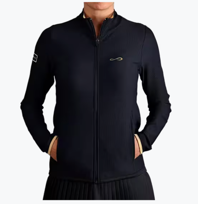 Chaqueta deportiva Endless MX negra de mujer con cremallera, cuello alto y bolsillos, ideal para tenis y pádel.