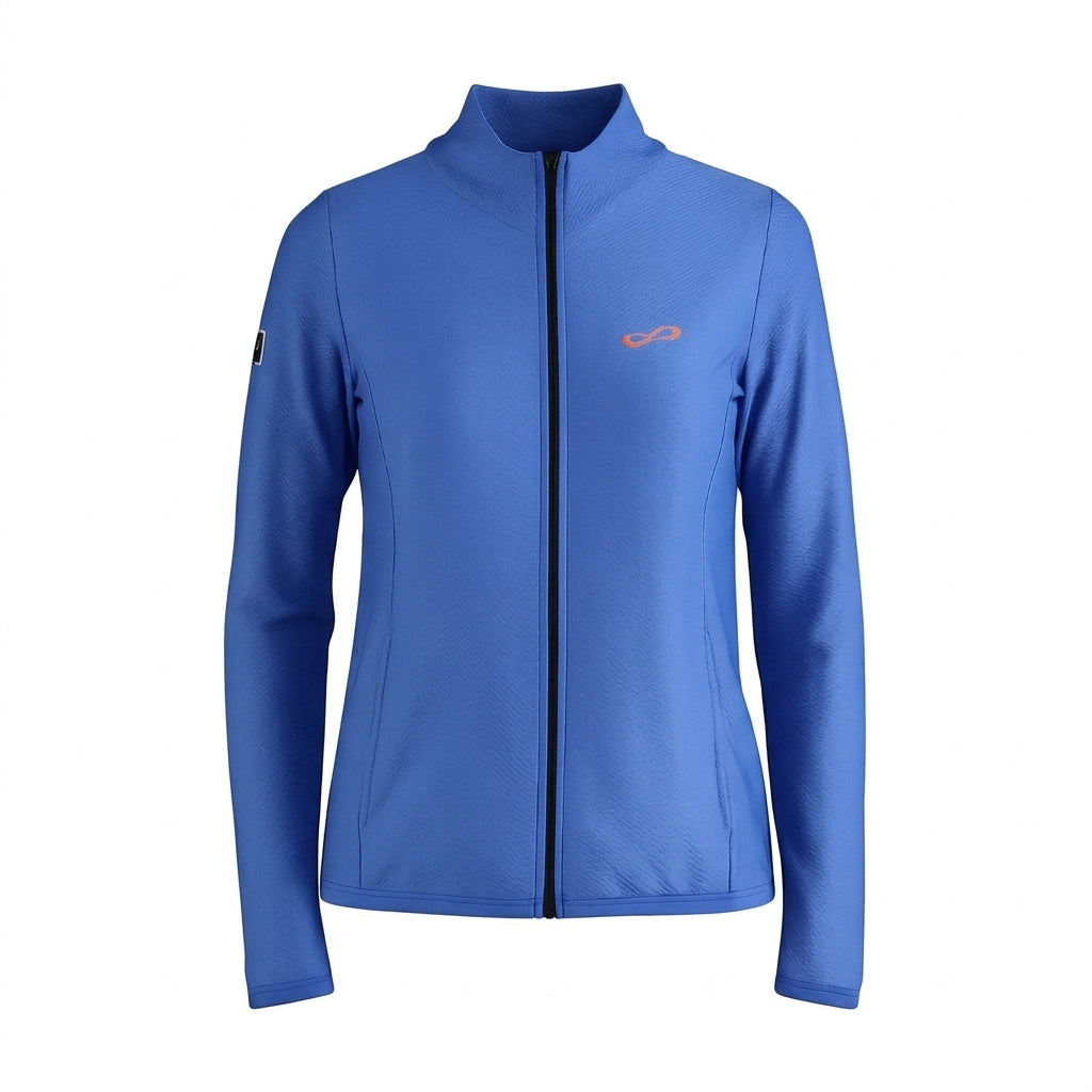Chaqueta deportiva Endless MX Lithe azul con cremallera, cuello alto y tejido elástico transpirable para mujer.