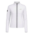 Chaqueta deportiva blanca Endless para mujer con cuello alto, cremallera frontal y tejido elástico transpirable.