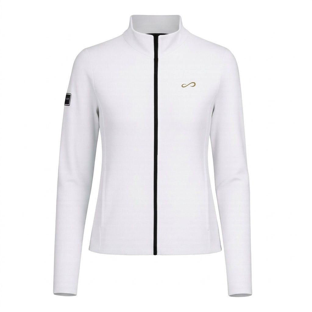 Chaqueta deportiva blanca Endless para mujer con cuello alto, cremallera frontal y tejido elástico transpirable.