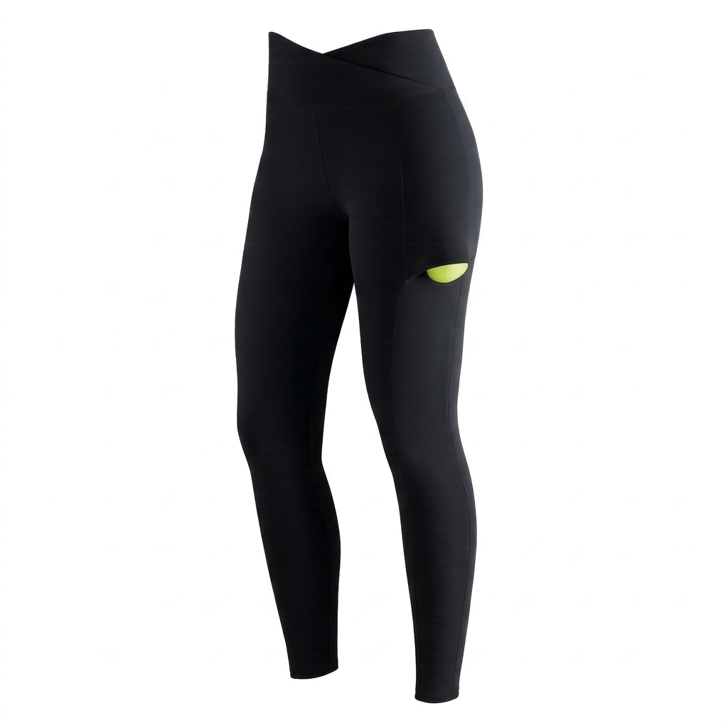 Leggings deportivos negros Endless con cintura cruzada y bolsillo lateral para pelota de pádel, tejido elástico.