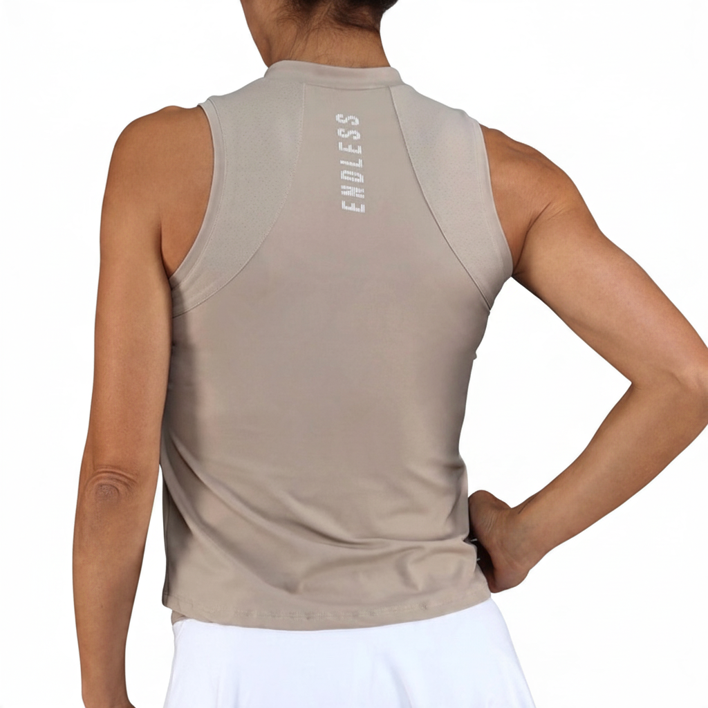 Polo deportivo Endless MX Glam Delave color beige con espalda microperforada y diseño sin mangas para tenis y pádel.