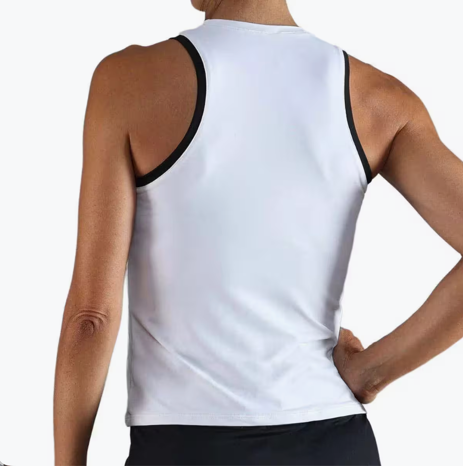 Top deportivo Endless MX blanco con cuello cerrado y detalles en contraste negro, vista trasera.