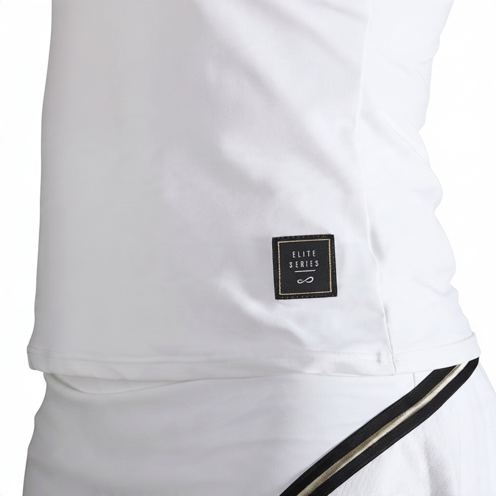 Top deportivo blanco Endless MX de tejido técnico reciclado con etiqueta Elite Series y detalles dorados.