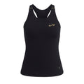 Top deportivo Endless negro con detalles dorados, tejido italiano reciclado, paneles microperforados y espalda nadadora.