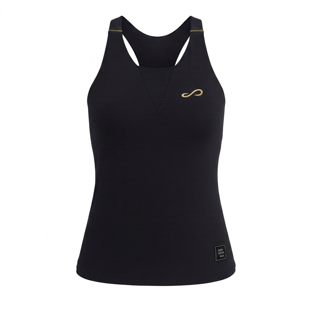 Top deportivo Endless negro con detalles dorados, tejido italiano reciclado, paneles microperforados y espalda nadadora.