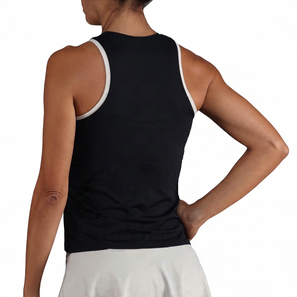 Top deportivo Endless MX negro con cuello cerrado y detalles a contraste en hombros, vista trasera.