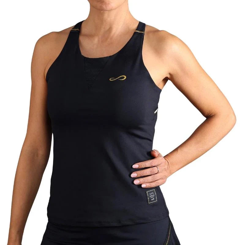 Top deportivo Endless MX negro de tejido italiano reciclado con detalles dorados y paneles microperforados.
