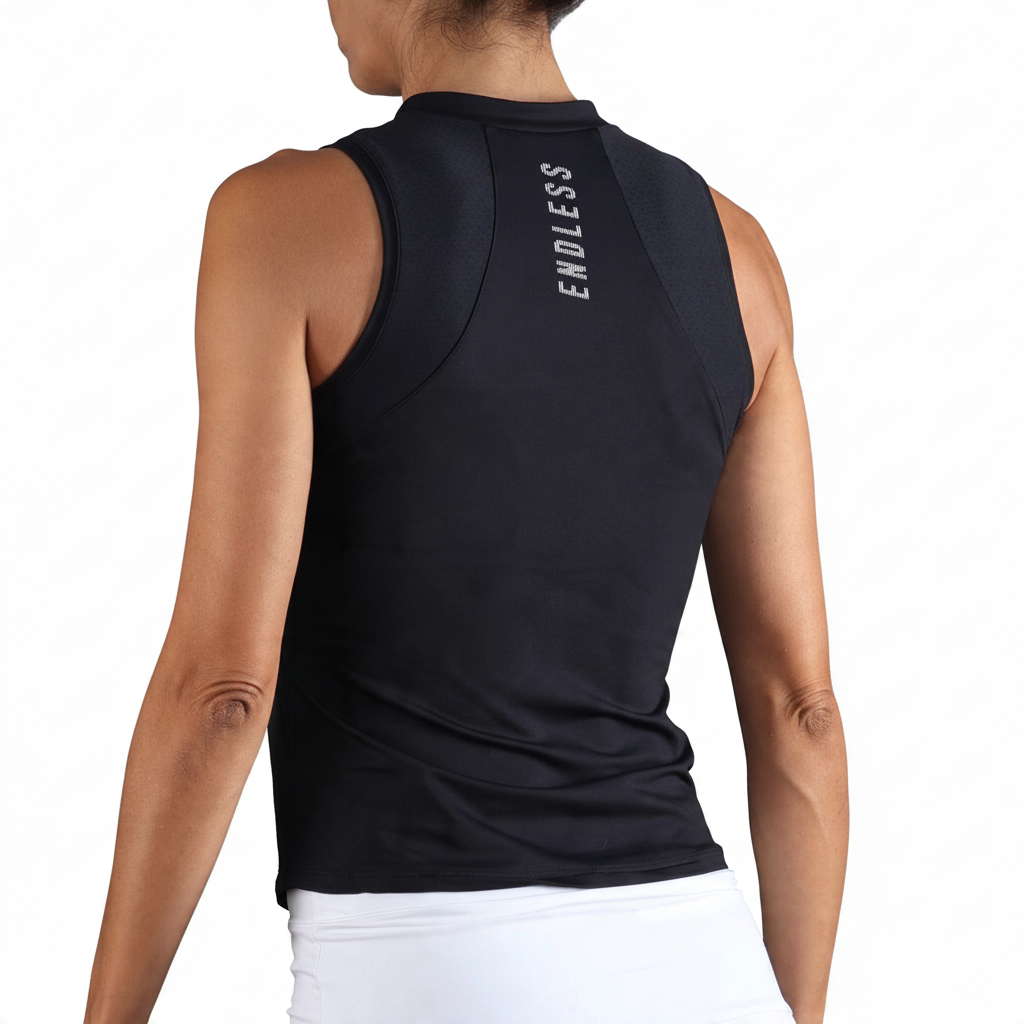 Vista trasera de polo deportivo Endless MX negro sin mangas con paneles microperforados y logo reflectante en espalda.