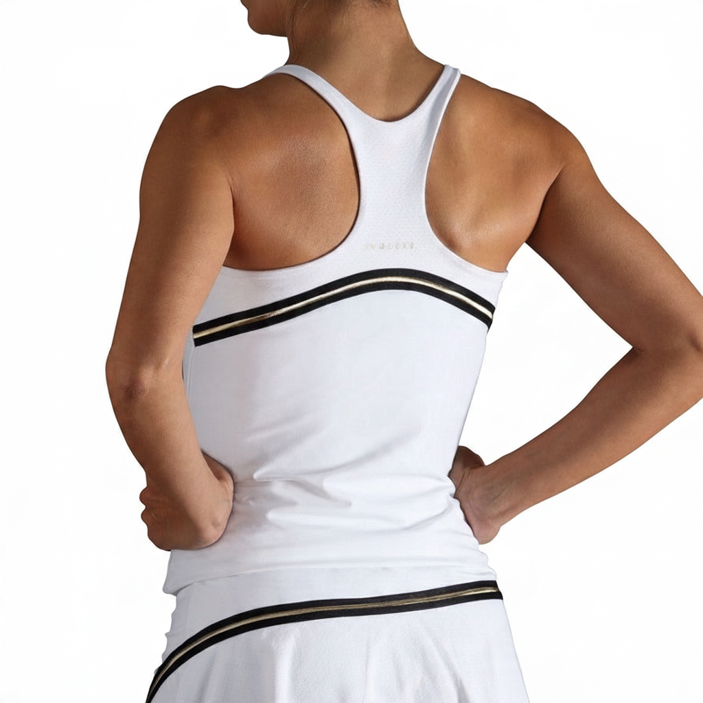 Top deportivo Endless MX blanco con espalda nadadora, detalles dorados y tejido técnico microperforado.
